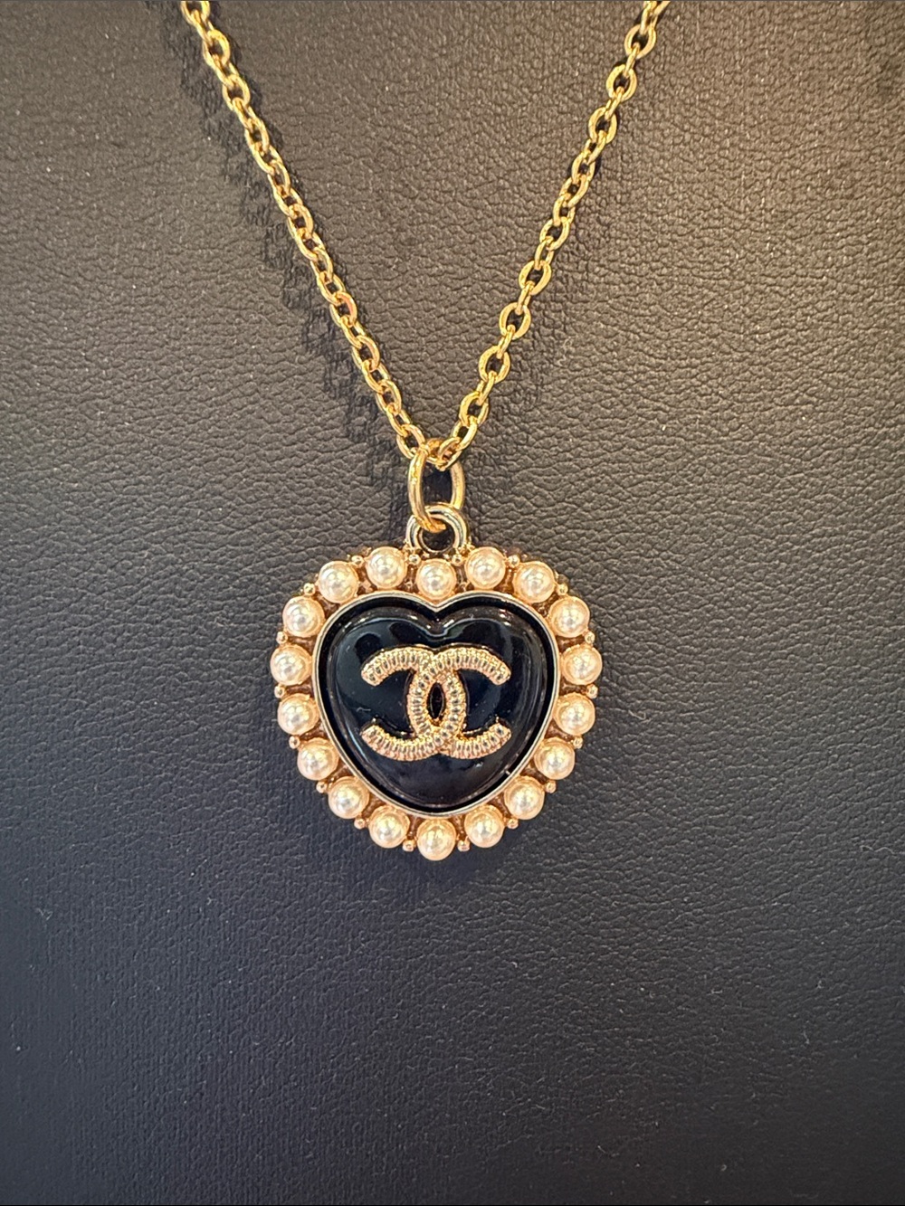CC Black Heart Pendant Necklace with Pearl Trim